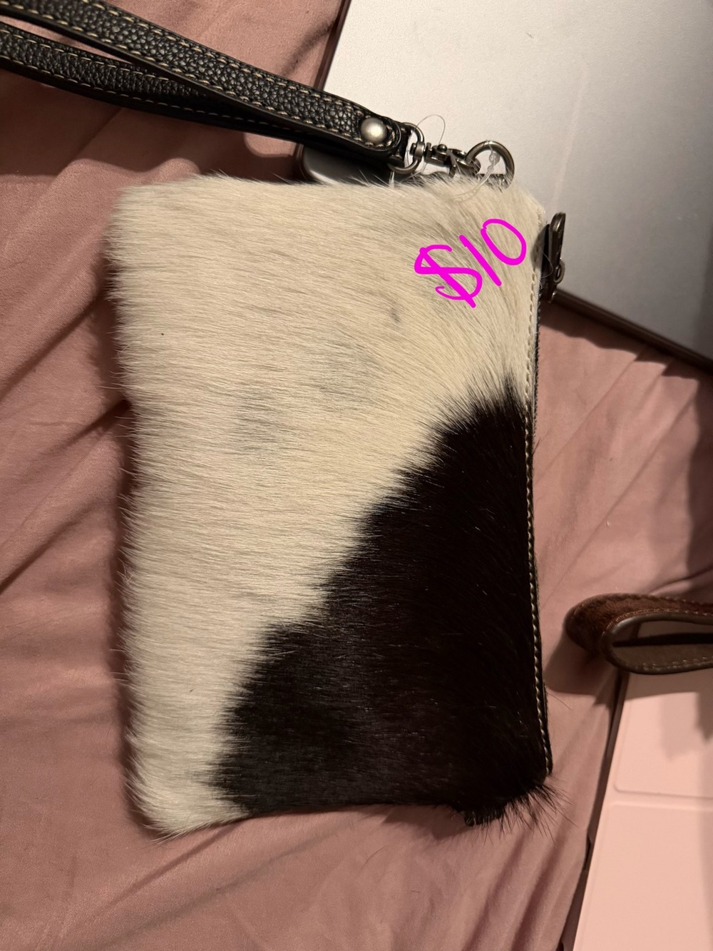 Cowhide Wristlet Clutch in Black and White